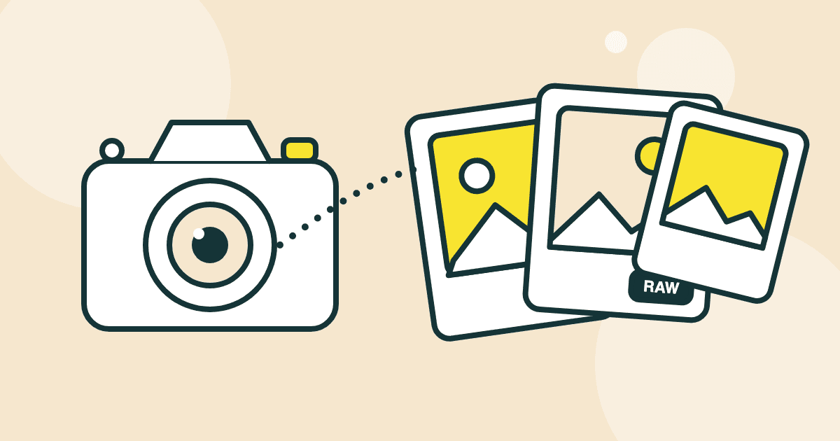 Illustration of a camera next to a row of photo prints, one tagged RAW