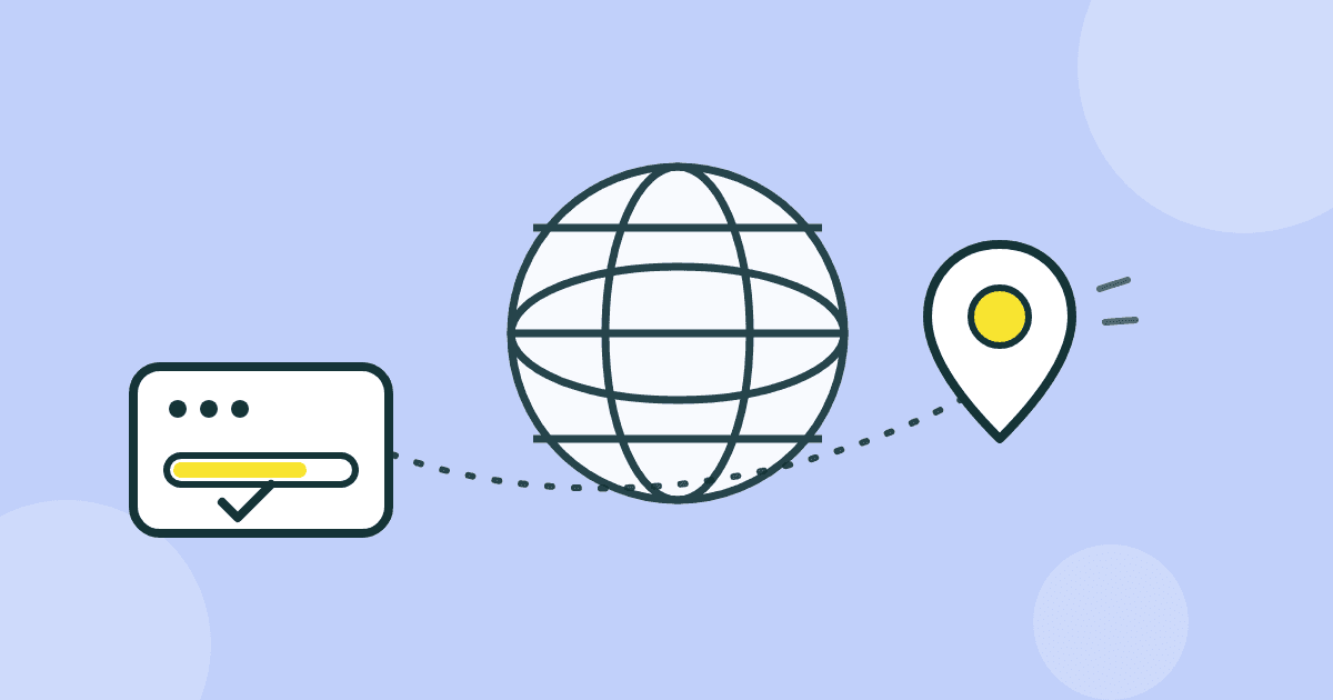 Illustration of a download progress bar stretching across a world map toward a distant location pin