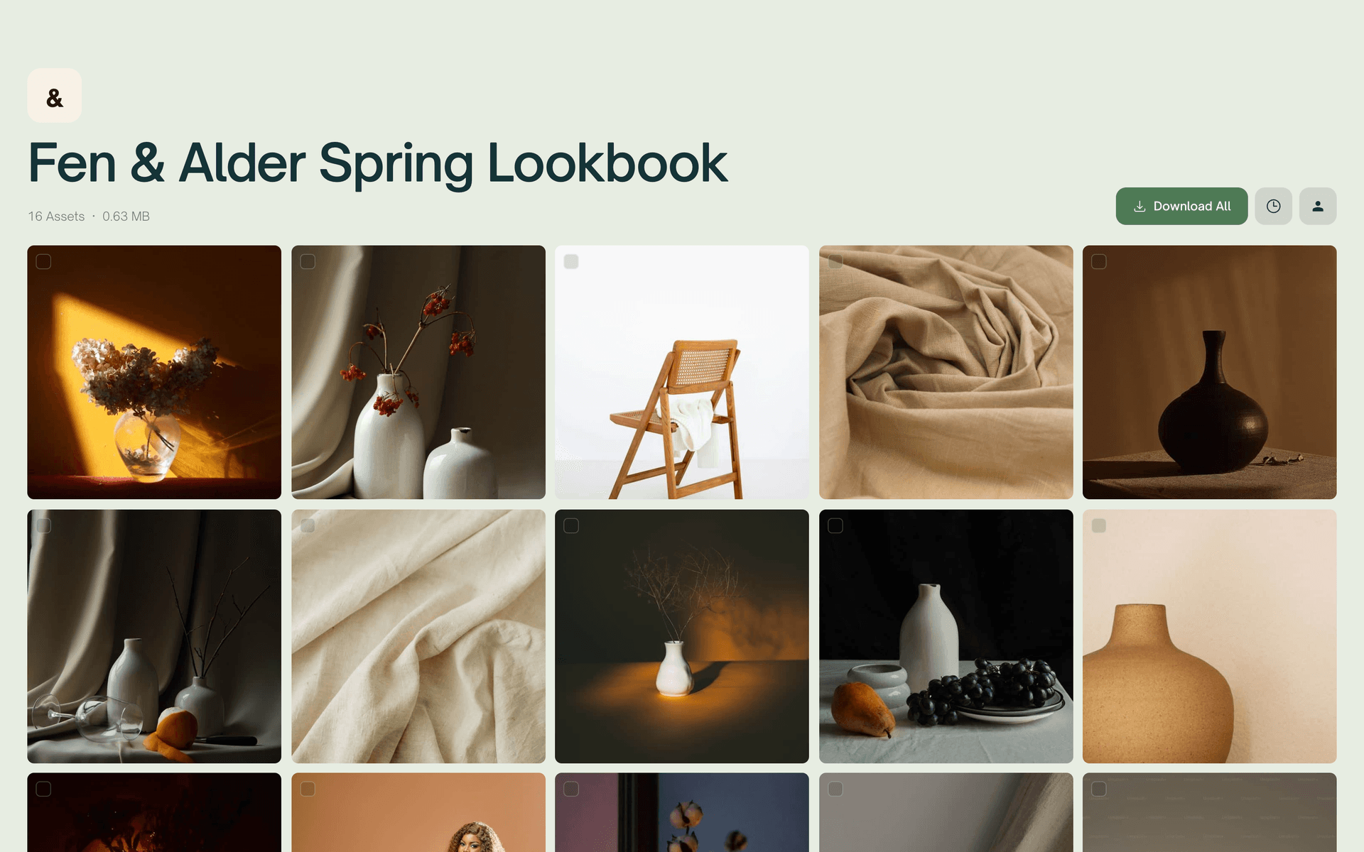 A sage green download page with square photo tiles and a leaf green download button