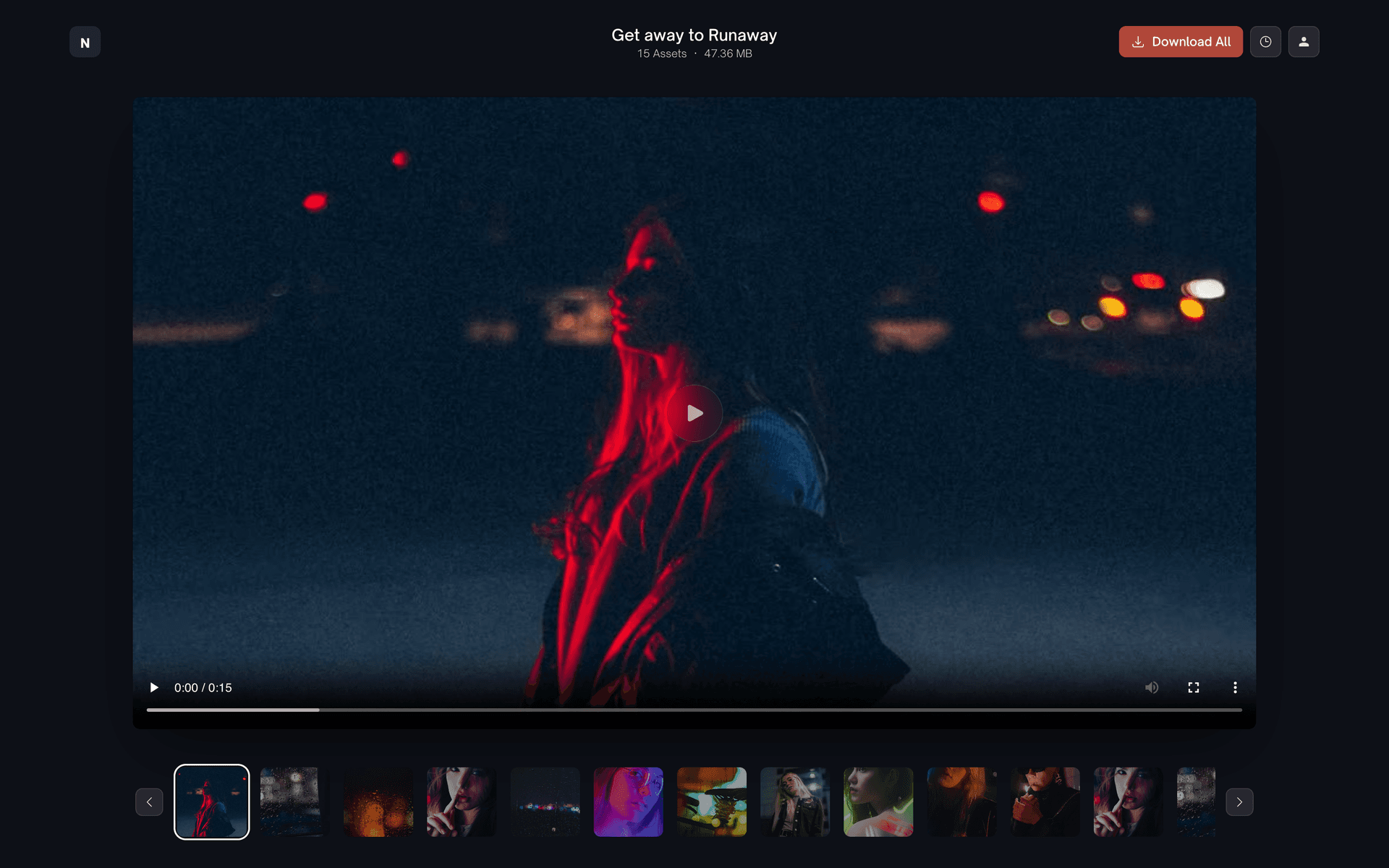 A dark Reel download page playing one clip large, with a thumbnail strip of the other takes underneath
