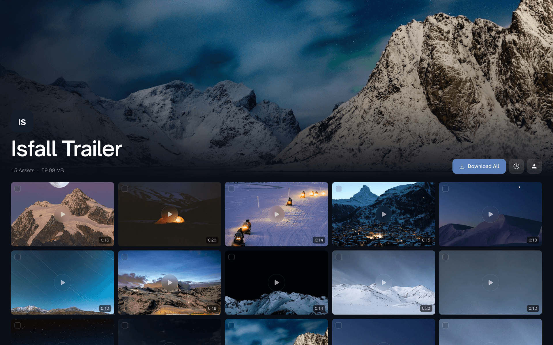 A dark branded download page with a glacier cover photo above a gallery of video tiles