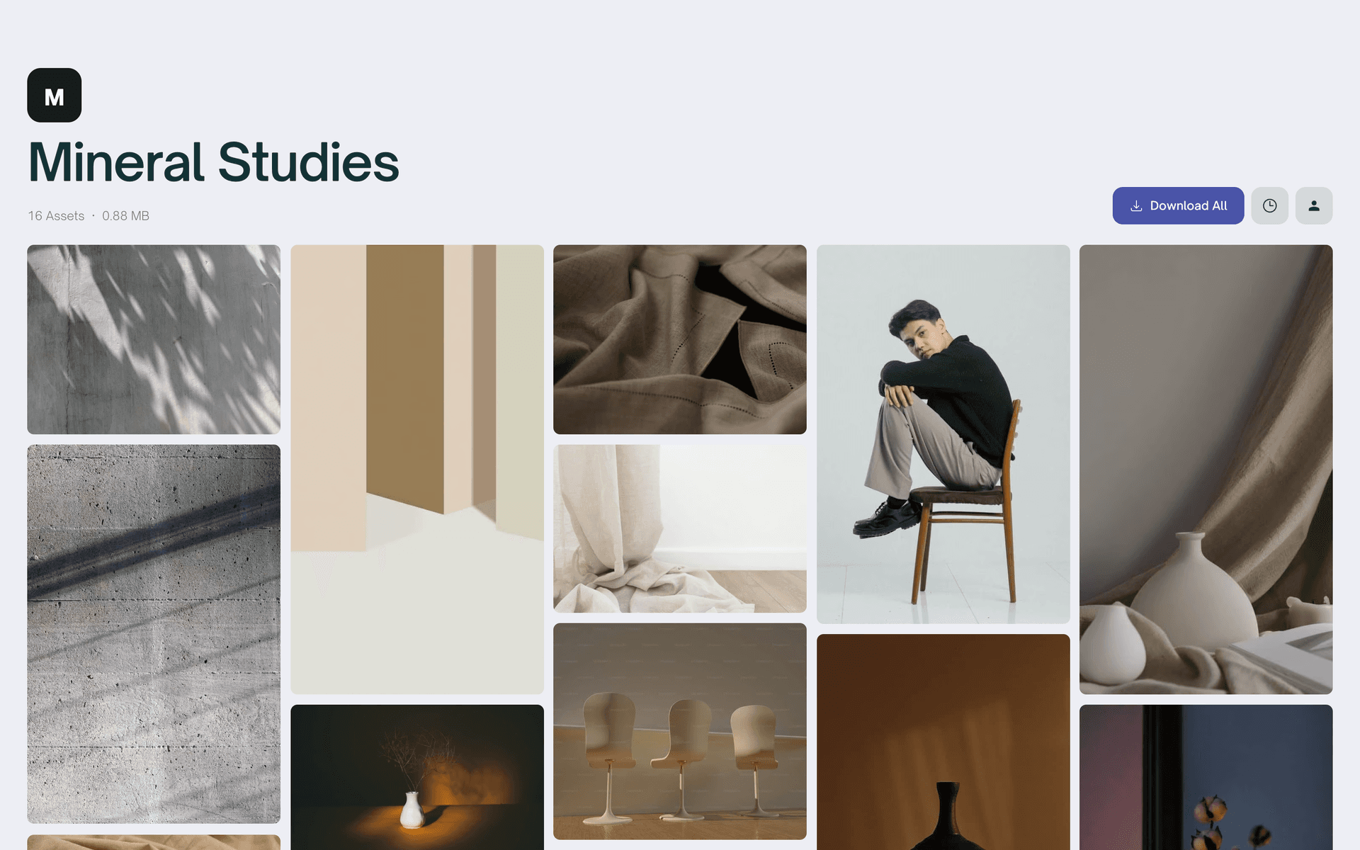A light Masonry download page in lavender white with photos flowing at their own aspect ratios