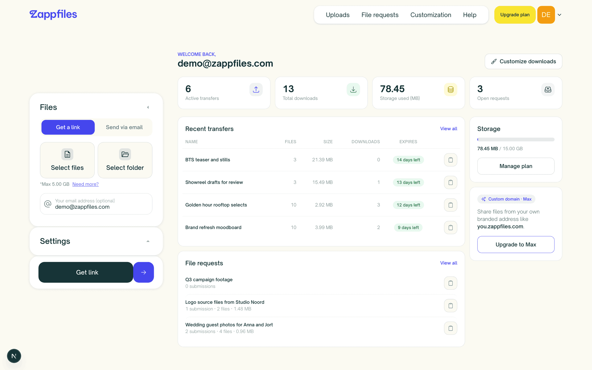 The ZappFiles dashboard with stat tiles for active transfers, downloads, storage, and open requests above recent transfers and file requests
