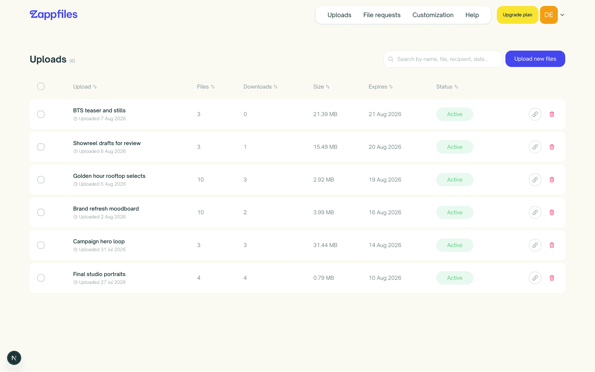 The ZappFiles uploads page with a searchable, sortable table of transfers showing files, downloads, size, expiry, and status